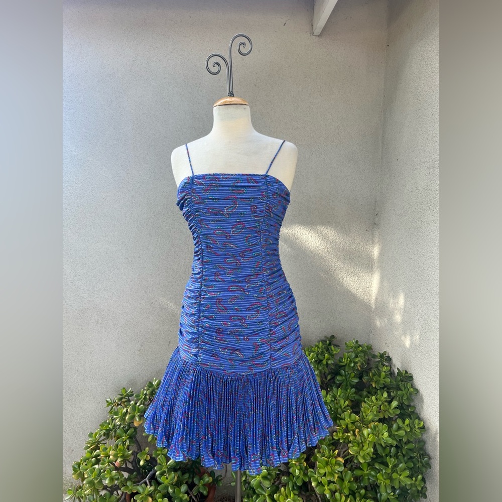 Vintage cocktail mini dress pleats petticoat blue pink chiffon S/M Efren Ocampo
